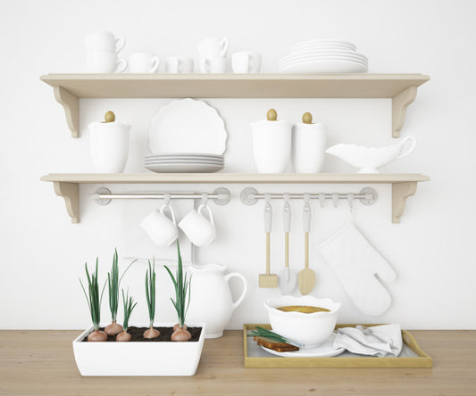 Free Realistic Shelves In A Kitchen With White Plates Psd