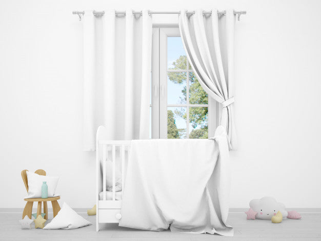 Free Realistic White Baby Bedroom With A Window And A Cradle Psd