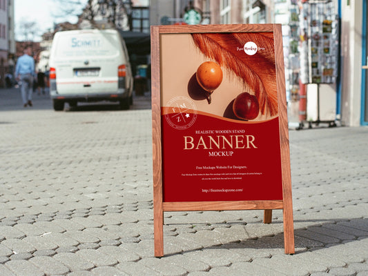 Free Realistic Wooden Stand Banner Mockup