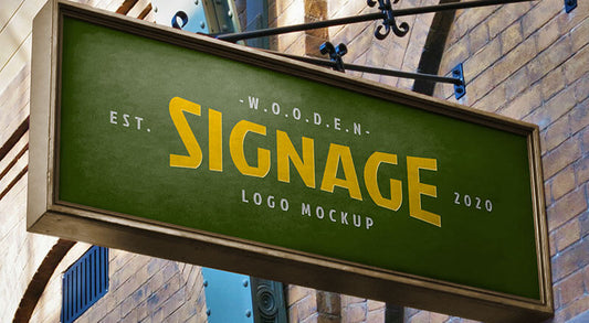 Free Rectangle Wall Mounted Wooden Signage Mockup Psd