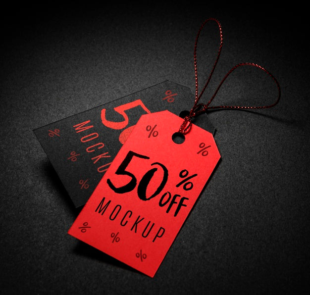 Free Red And Black Price Tags With Thread Black Friday Sales Mock-Up Psd