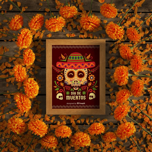 Free Red Skull Mock-Up Frame Surrounded By Orange Flowers Psd