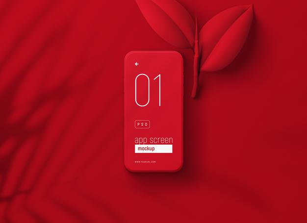 Free Red Smartphone Mockup With Red Leaves Psd