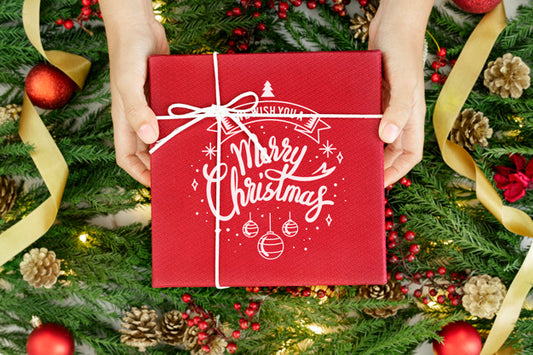 Free Red Wrapped Christmas Present Mockup Psd