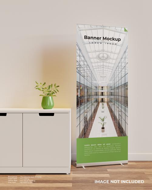 Free Roll Up Banner Mockup In Interior Scene Next To The Cupboard Psd