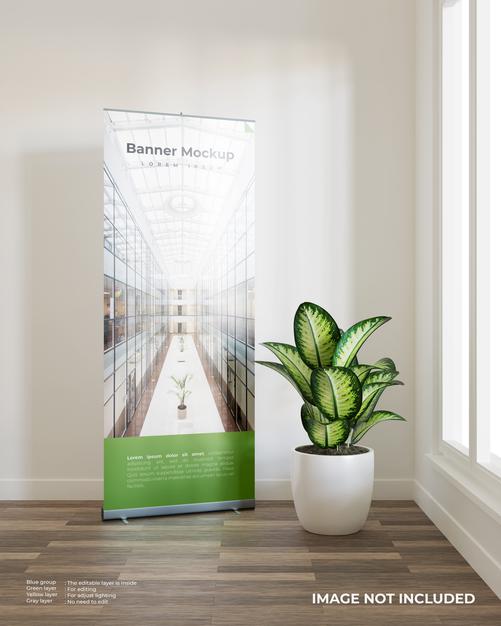 Free Roll Up Banner Mockup With A Plant Beside The Window Psd