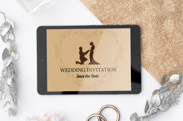 Free Romantic Wedding Invitation On A Tablet Psd
