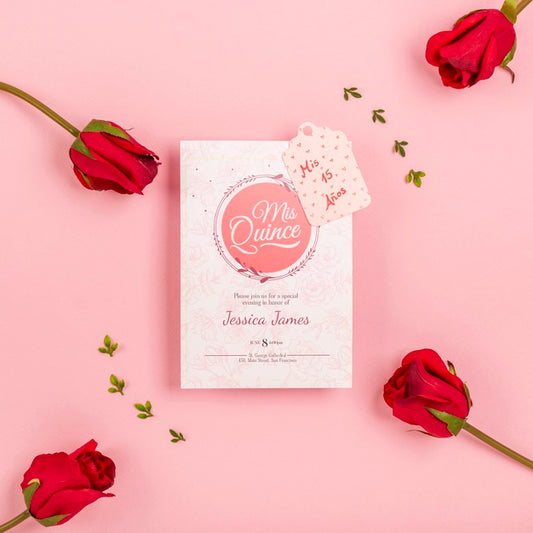 Free Rose Buds And Cute Fifteen Birthday Invitation Psd