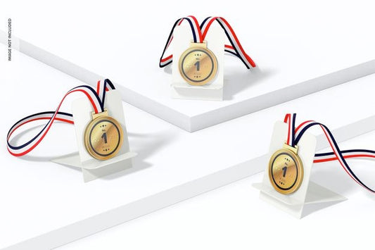 Free Round Competition Medals With Ribbon Set Mockup Psd