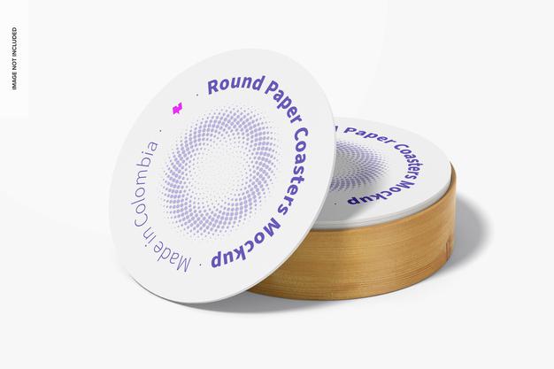 Free Round Paper Coasters Mockup, Perspective Psd