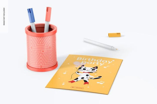 Free Round Pen Holder With Greeting Card Mockup, Front View Psd