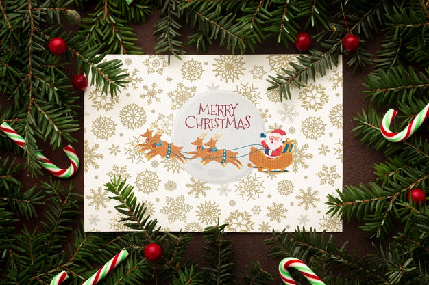 Free Santa And His Reindeer On Christmas Pine Leaves Psd