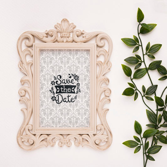 Free Save The Date Mock-Up Baroque Frame With Leaves Psd
