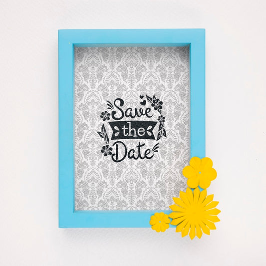 Free Save The Date Mock-Up Blue Frame With Yellow Flowers Psd