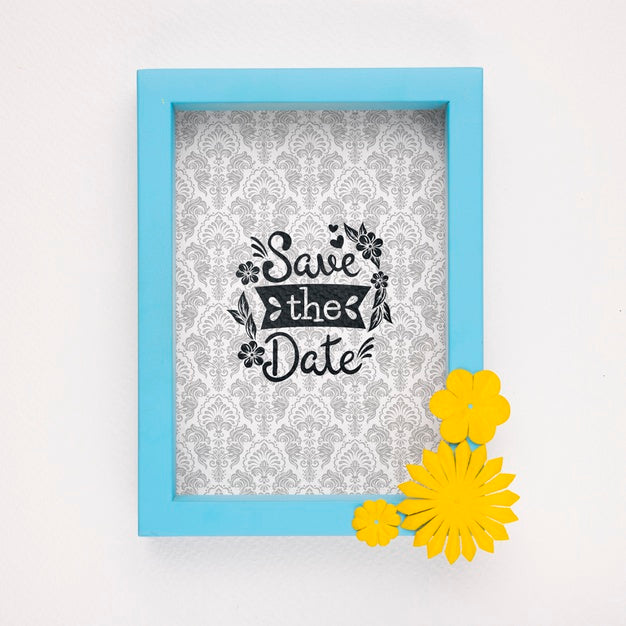 Free Save The Date Mock-Up Blue Frame With Yellow Flowers Psd