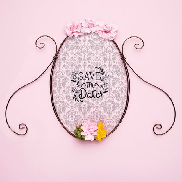 Free Save The Date Mock-Up Classic Frame With Colourful Flowers Psd