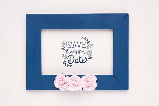 Free Save The Date Mock-Up Dark Blue Frame And Roses Psd