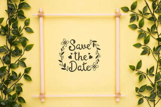 Free Save The Date Mock-Up Frame With Small Branches With Leaves Psd