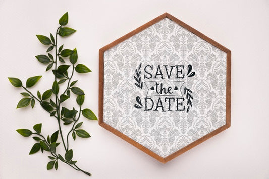 Free Save The Date Mock-Up Hexagonal Frame With Leaves Psd