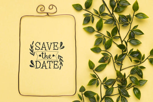 Free Save The Date Mock-Up Minimalist Frame And Leaves Psd