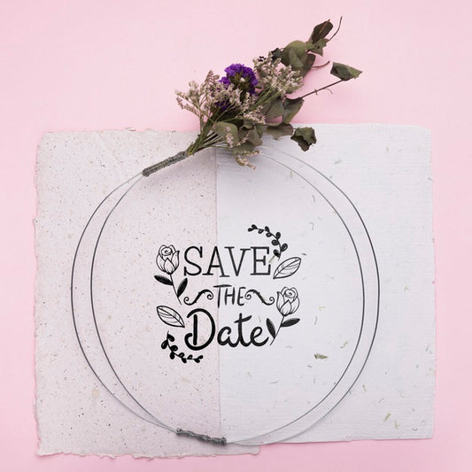 Free Save The Date Mock-Up On Paper With Dried Flowers Psd