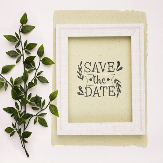 Free Save The Date Mock-Up Picture Frame And Leaves Psd