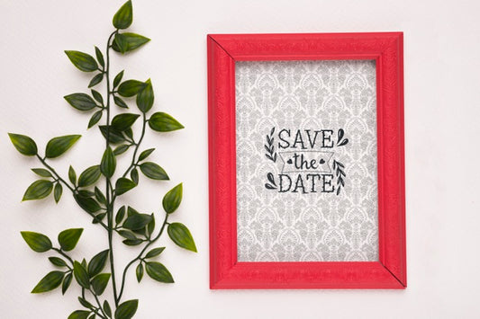 Free Save The Date Mock-Up Red Frame And Plant Psd