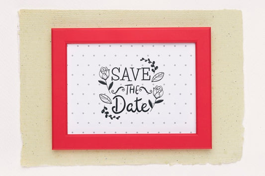 Free Save The Date Mock-Up Red Frame Top View Psd