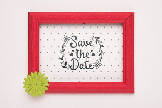 Free Save The Date Mock-Up Red Frame With Yellow Flower Psd