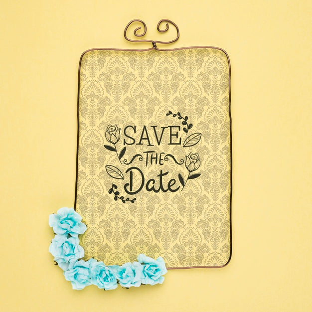 Free Save The Date Mock-Up Victorian Frame With Blue Flowers Psd