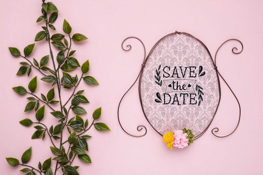 Free Save The Date Mock-Up Vintage Frame With Flowers And Leaves Psd