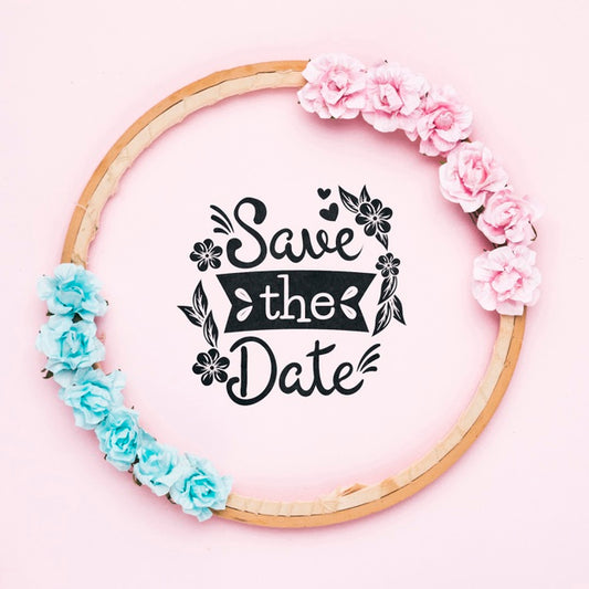 Free Save The Date Mock-Up With Blue And Pink Roses Psd