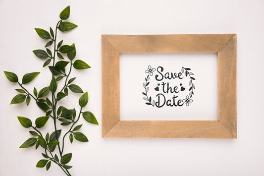 Free Save The Date Mock-Up Wooden Frame And Leaves Psd