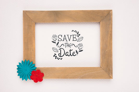 Free Save The Date Mock-Up Wooden Frame With Colourful Flowers Psd