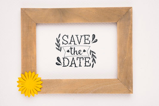 Free Save The Date Mock-Up Wooden Frame With Yellow Flower Psd