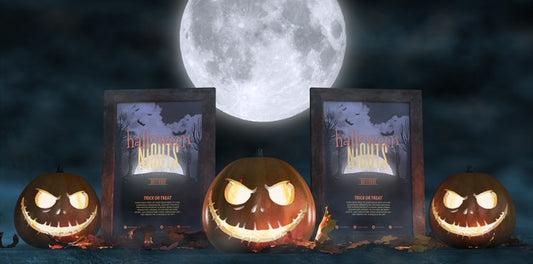 Free Scary Decoration For Halloween With Framed Horror Movie Posters And Pumpkins Psd