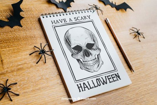 Free Scary Halloween Mockup With Notepad Psd