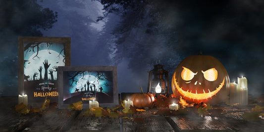 Free Scary Pumpkin Next To Framed Horror Movie Posters Psd