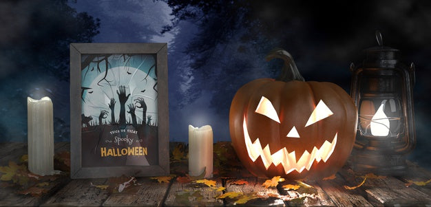 Free Scary Pumpkin With Candles And Horror Movie Poster Psd