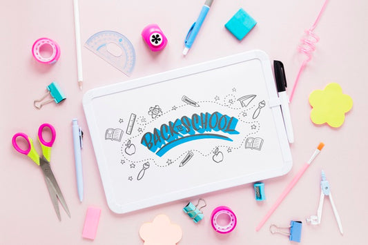 Free School Supplies With White Board On Pink Background Psd