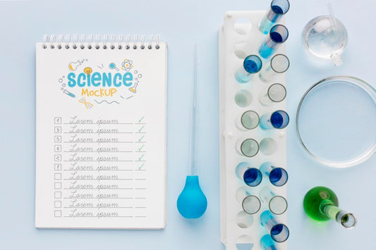 Free Science Elements Arrangement With Notepad Mock-Up Psd