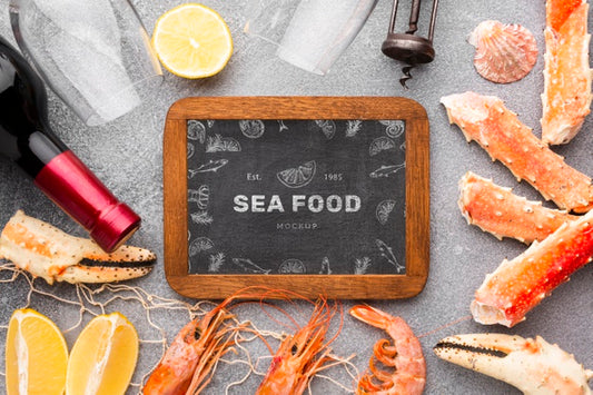 Free Sea Food Arrangement With Blackboard Mock-Up Psd