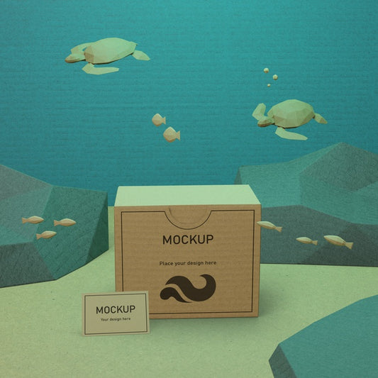 Free Sea Life And Cardboard Box Underwater With Mock-Up Psd