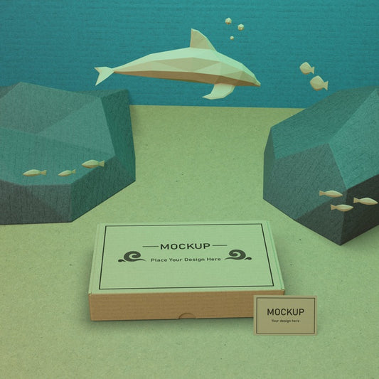 Free Sea Life And Cardboard Box Underwater With Mock-Up Psd