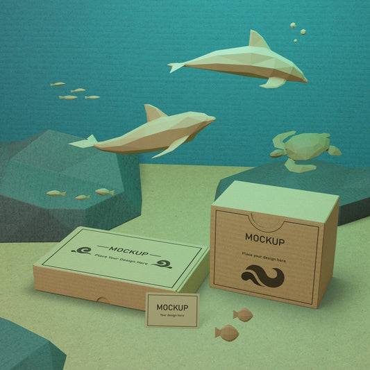 Free Sea Life And Cardboard Boxes Underwater With Mock-Up Psd