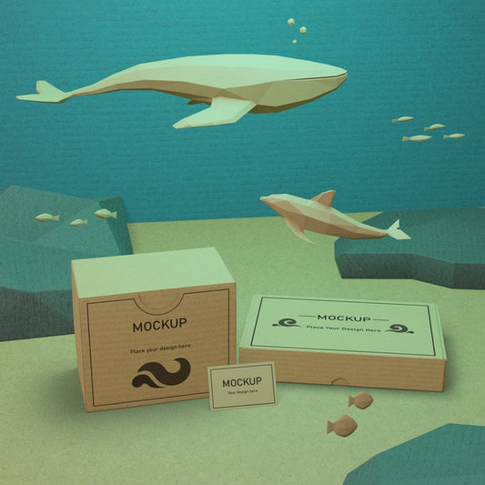 Free Sea Life And Cardboard Boxes Underwater With Mock-Up Psd