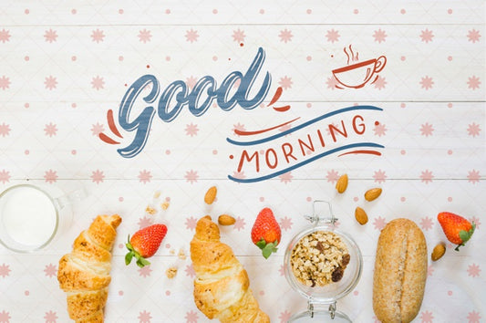 Free Set Of Breakfast Croissants Mixed With Strawberries Psd