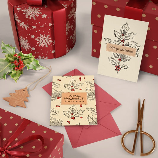 Free Set Of Christmas Card And Gifts Mock-Up Psd