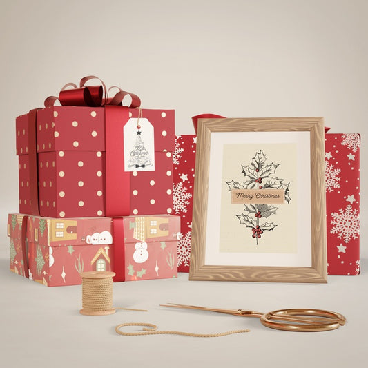 Free Set Of Wrapped Gifts On Table Mock-Up Psd