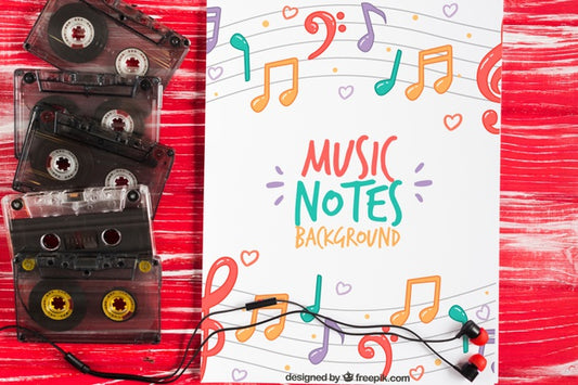 Free Sheet With Musical Notes Design And Tapes Beside Psd